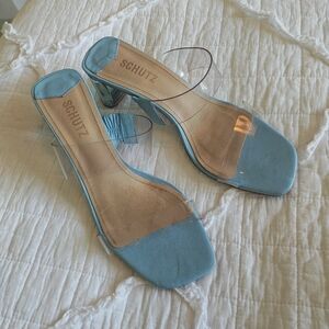 SCHUTZ Clear Two Strap Light Blue Leather Heel/Sandal Size 7.5
